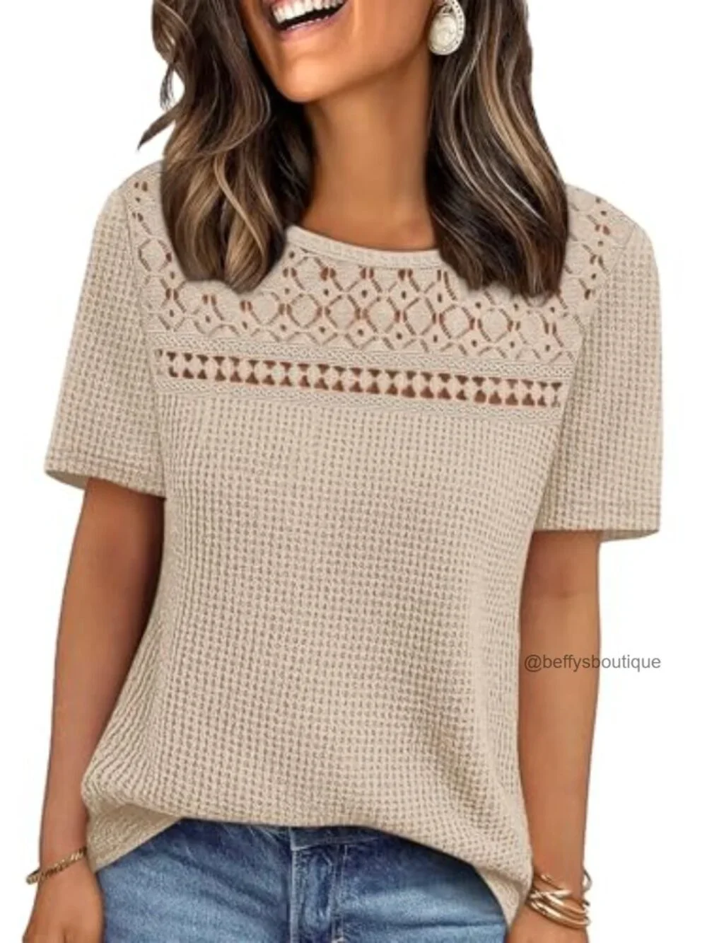 Boho Crochet Lace Waffle Knit Short Sleeve Top Blouse